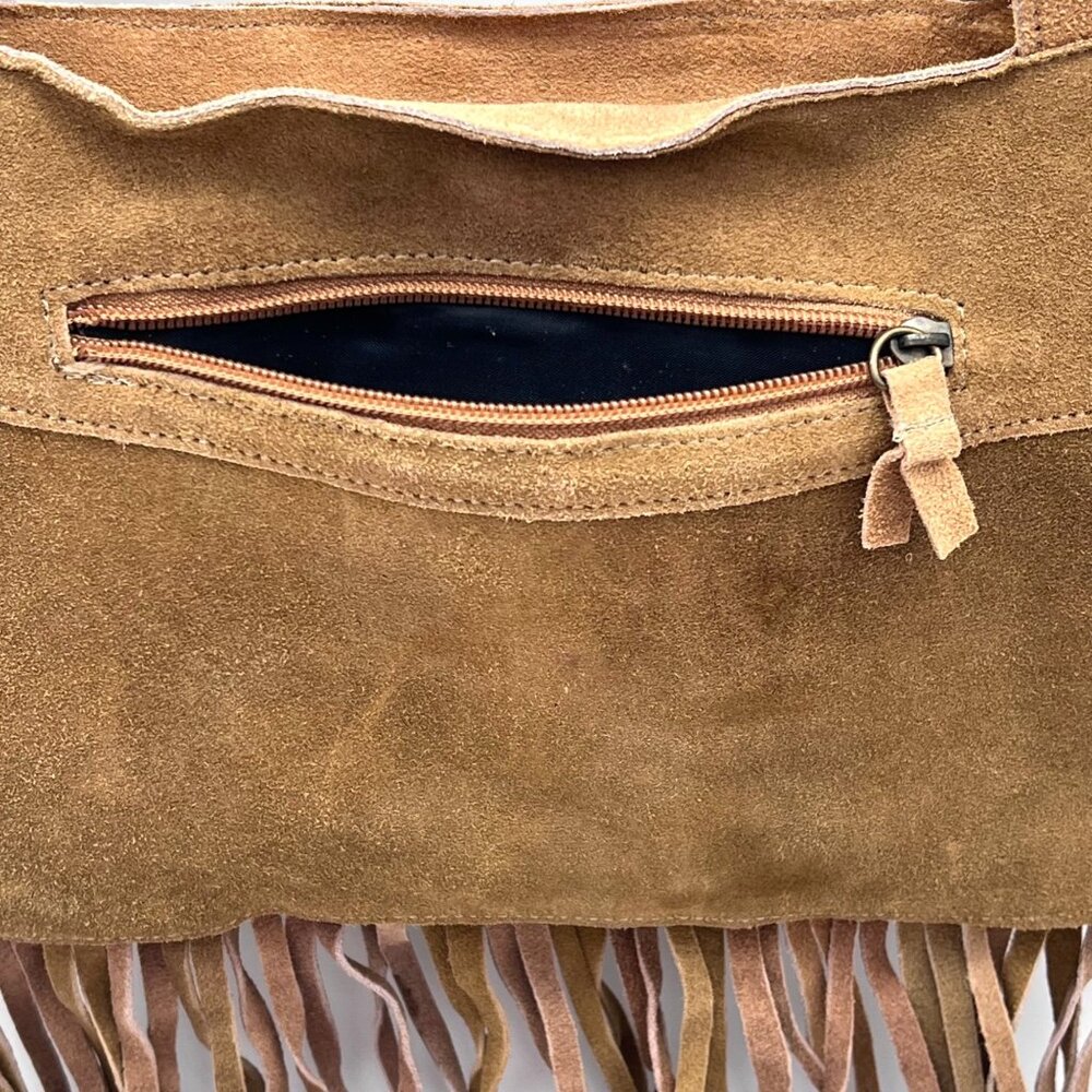 Genuine Leather Fringe Handbag Purse Grommet Brown Shoulder Strap Zip Pockets - Picture 5 of 12